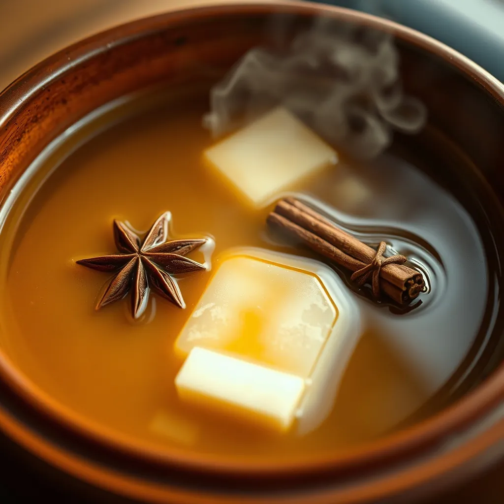 Nước dùng phở bò trong veo trong nồi đất, bề mặt có lớp mỡ mỏng lấp lánh, quế và hoa hồi nổi trên mặt nước, hơi nước bốc lên trong ánh sáng ấm dịu Nước dùng phở bò trong veo trong nồi đất, bề mặt có lớp mỡ mỏng lấp lánh, quế và hoa hồi nổi trên mặt nước, hơi nước bốc lên trong ánh sáng ấm dịu