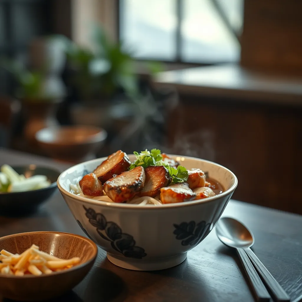 Một bát bún chả với thịt nướng và bún