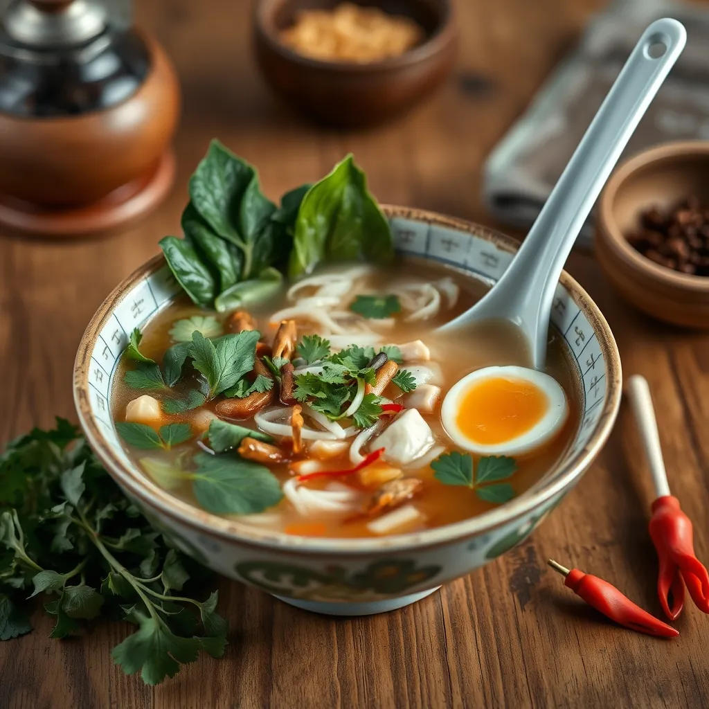 Một bát phở gà được trình bày đẹp mắt với thảo mộc và gia vị