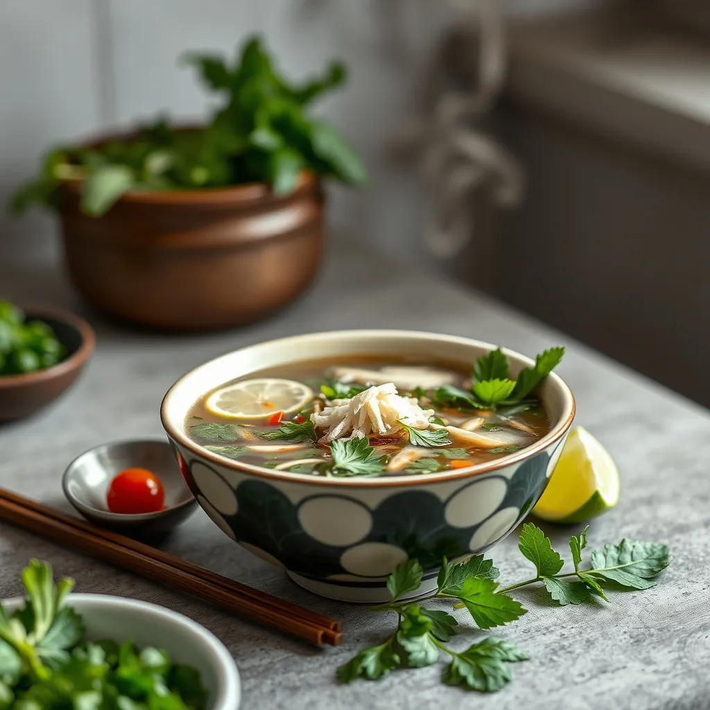 Một bát phở gà truyền thống với rau thơm và chanh