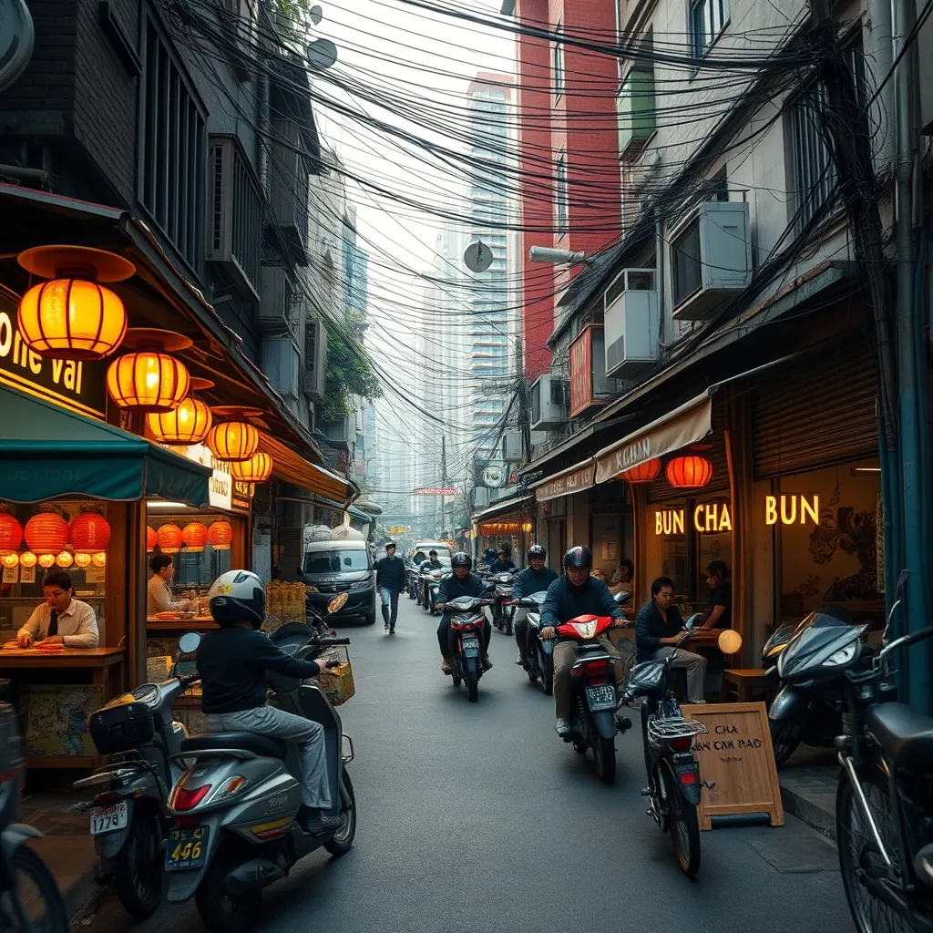 Một con phố đông đúc với các quán bún chả nổi tiếng tại Hà Nội