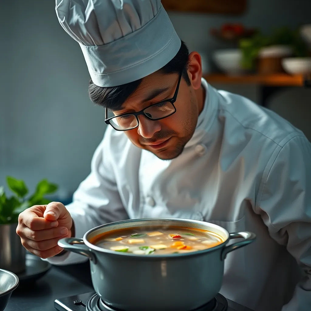 Một đầu bếp kiểm tra nồi nước dùng phở