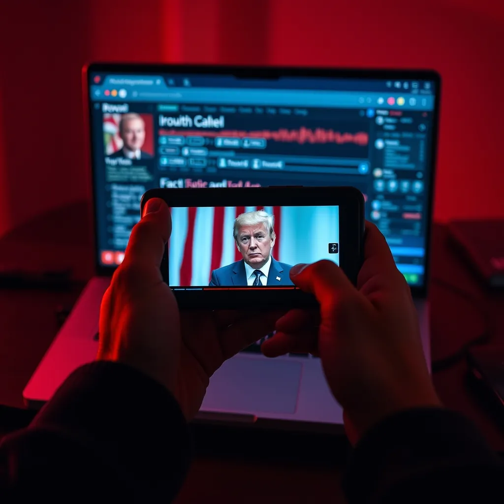 Một người cầm điện thoại hiển thị video deepfake, phía sau là máy tính mở các trang kiểm chứng và phân tích dạng sóng âm thanh, ánh sáng đỏ xanh phản chiếu lên khuôn mặt
