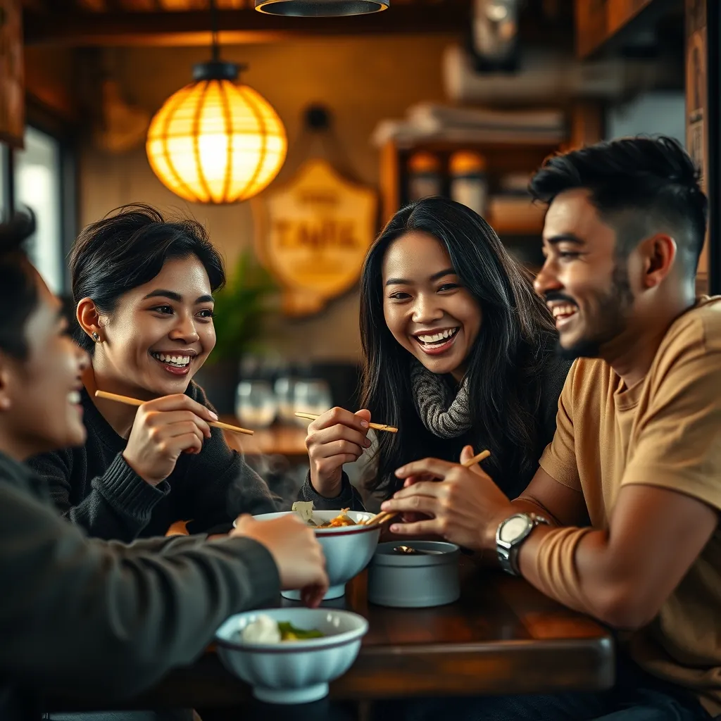 Một nhóm bạn bè đang thưởng thức phở cùng nhau, cười và chia sẻ trải nghiệm của họ
