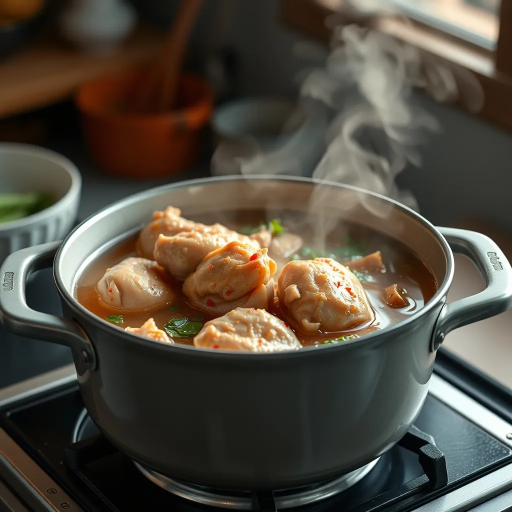 Một nồi gà mềm mại đang được nấu cho phở gà