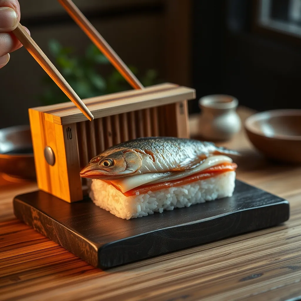 木型で押し固める、伝統的な押し寿司の製作風景