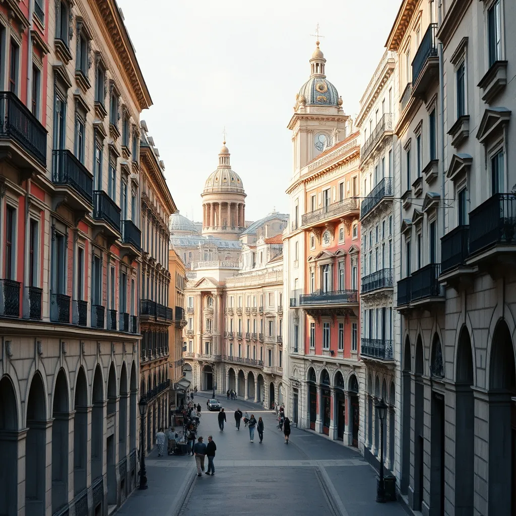 Una vista histórica de Madrid que muestra arquitectura antigua y monumentos