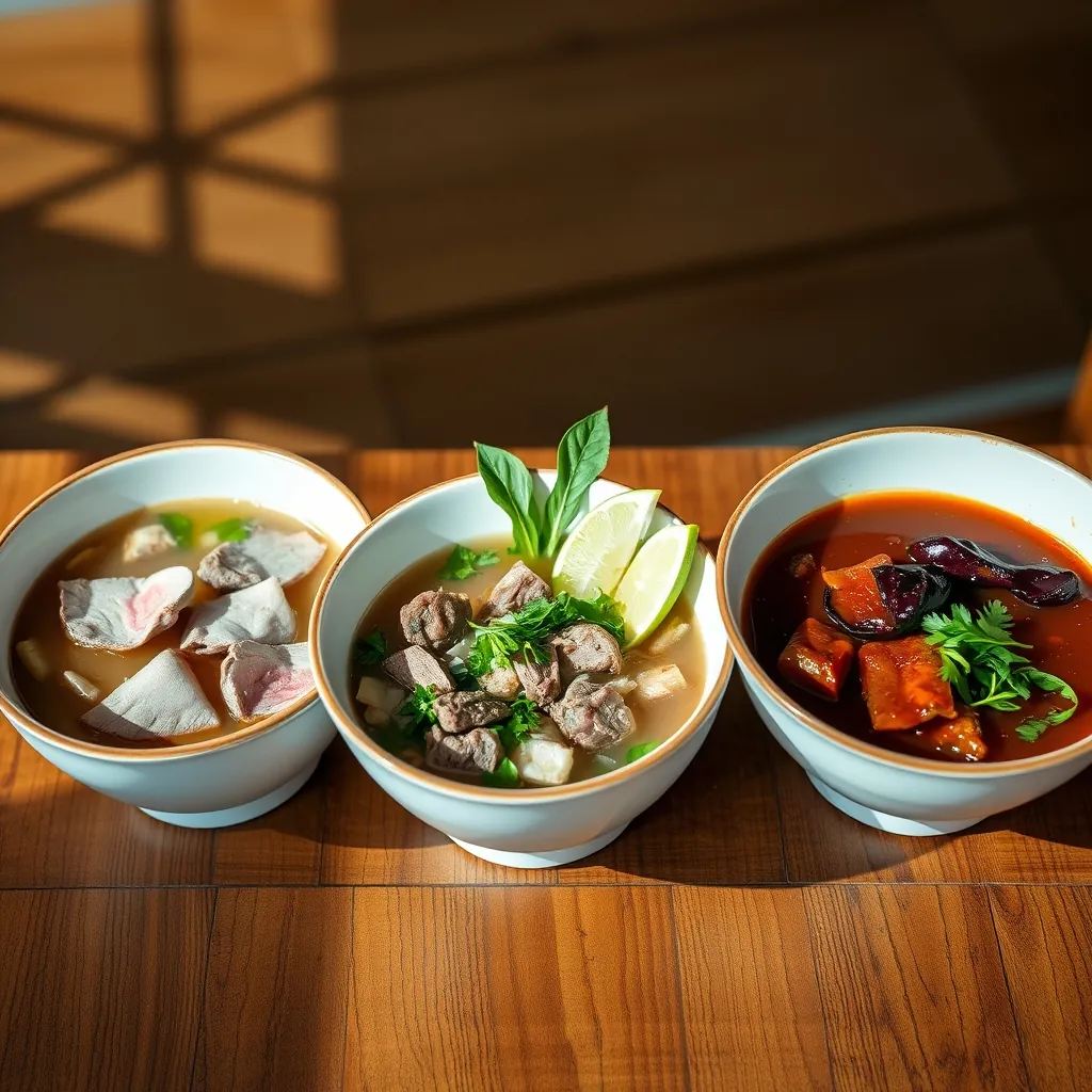 Ba bát phở bò Nam Định đặt cạnh nhau trên bàn gỗ, gồm phở tái với thịt hồng, phở chín với nạm mềm, và phở sốt vang với nước sốt nâu đậm đặc, trang trí rau thơm và chanh, ánh sáng tự nhiên ấm áp Ba bát phở bò Nam Định đặt cạnh nhau trên bàn gỗ, gồm phở tái với thịt hồng, phở chín với nạm mềm, và phở sốt vang với nước sốt nâu đậm đặc, trang trí rau thơm và chanh, ánh sáng tự nhiên ấm áp