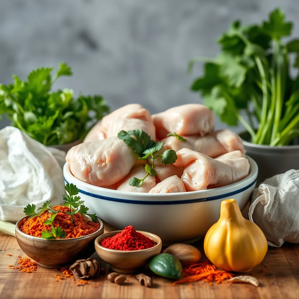 Nguyên liệu để nấu phở gà bao gồm gà, rau thơm và gia vị