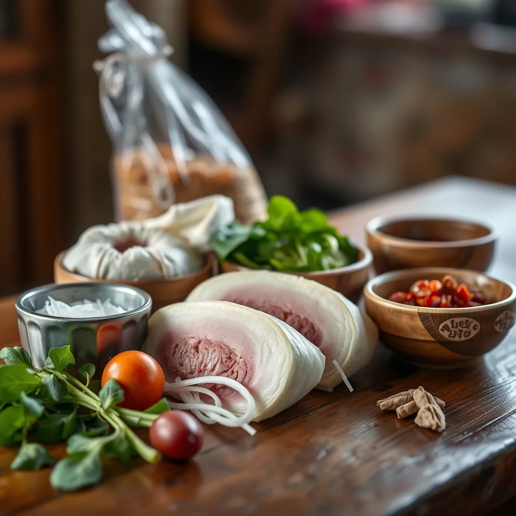 Nguyên liệu làm bún chả Hà Nội trên bàn gỗ