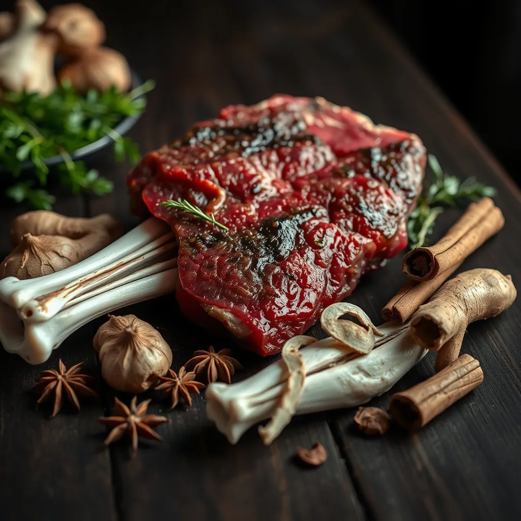 Bộ nguyên liệu nấu phở bò Nam Định gồm xương bò, thịt bò, gừng nướng, hành tím nướng, hoa hồi, quế thanh và thảo quả xếp gọn trên bàn gỗ Bộ nguyên liệu nấu phở bò Nam Định gồm xương bò, thịt bò, gừng nướng, hành tím nướng, hoa hồi, quế thanh và thảo quả xếp gọn trên bàn gỗ