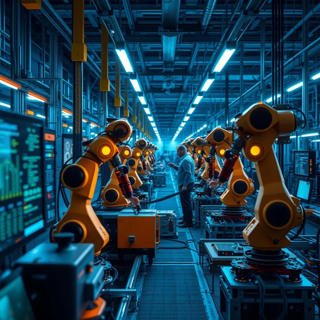 Nhà máy thông minh với robot và cảm biến IoT được AI điều phối để bảo trì dự đoán và kiểm soát chất lượng