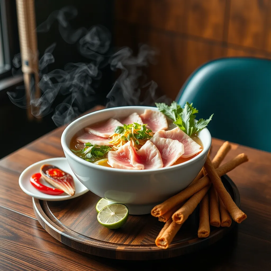 Bát phở bò Nam Định được trình bày đẹp mắt trên bàn gỗ, thịt bò tái thái lát mỏng xếp hình quạt, rau thơm tươi, chanh và ớt trên đĩa phụ, quẩy giòn đặt bên cạnh, hơi nước bốc lên trong ánh sáng tự nhiên dịu nhẹ Bát phở bò Nam Định được trình bày đẹp mắt trên bàn gỗ, thịt bò tái thái lát mỏng xếp hình quạt, rau thơm tươi, chanh và ớt trên đĩa phụ, quẩy giòn đặt bên cạnh, hơi nước bốc lên trong ánh sáng tự nhiên dịu nhẹ