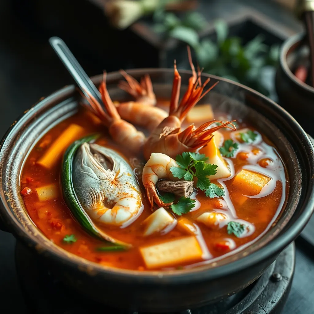 Nồi lẩu mắm nghi ngút khói đầy đủ rau đồng và hải sản