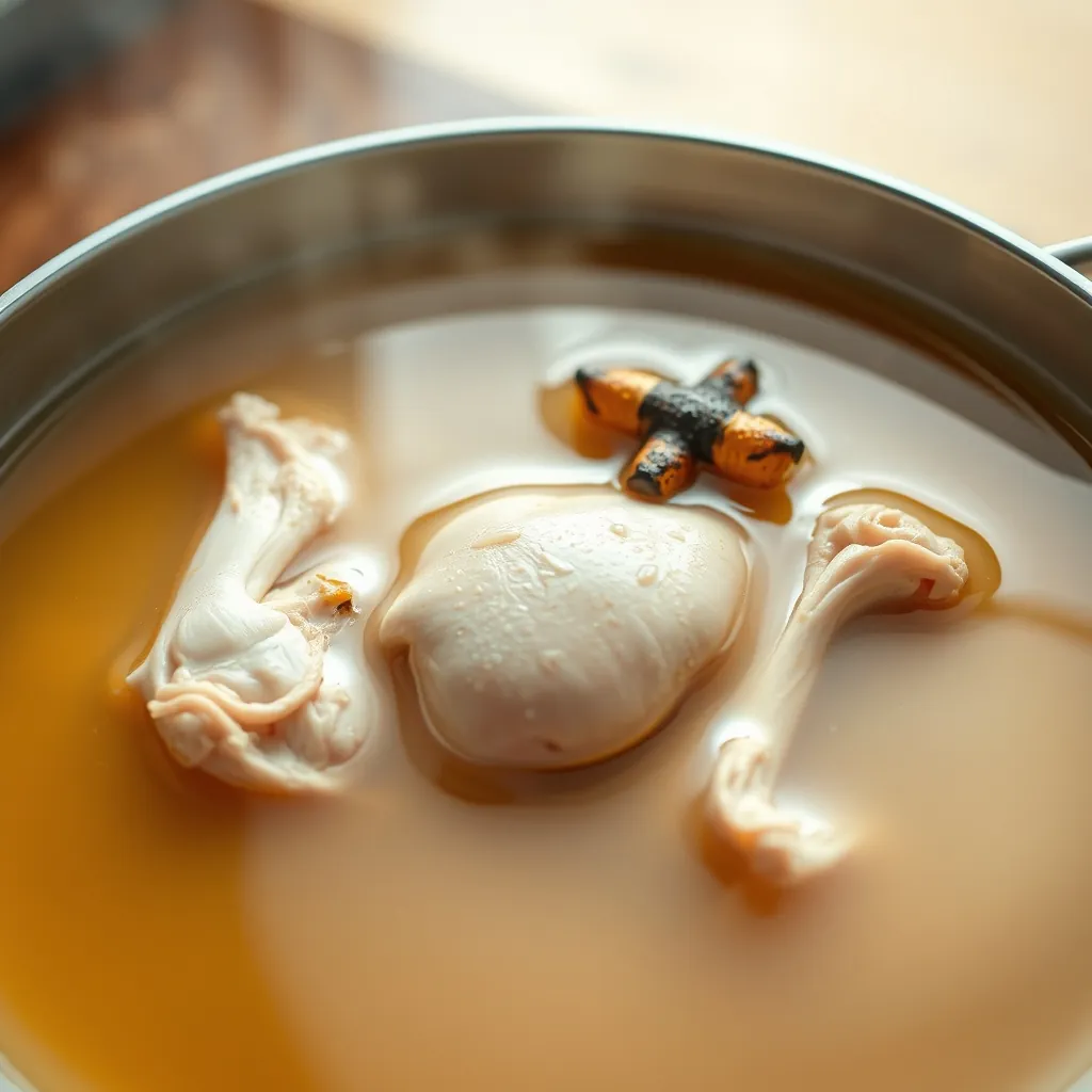 Nồi nước dùng phở gà trong veo với xương và gừng nướng bên trong