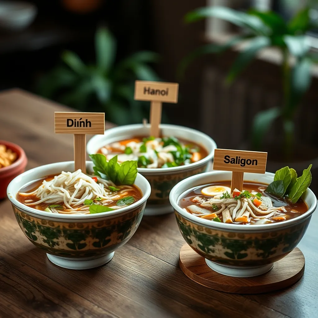 Ba bát phở bò Việt Nam xếp thành hàng, mỗi bát có độ dày sợi phở và màu nước dùng khác nhau, gắn biển gỗ ghi Nam Định, Hà Nội, Sài Gòn Ba bát phở bò Việt Nam xếp thành hàng, mỗi bát có độ dày sợi phở và màu nước dùng khác nhau, gắn biển gỗ ghi Nam Định, Hà Nội, Sài Gòn