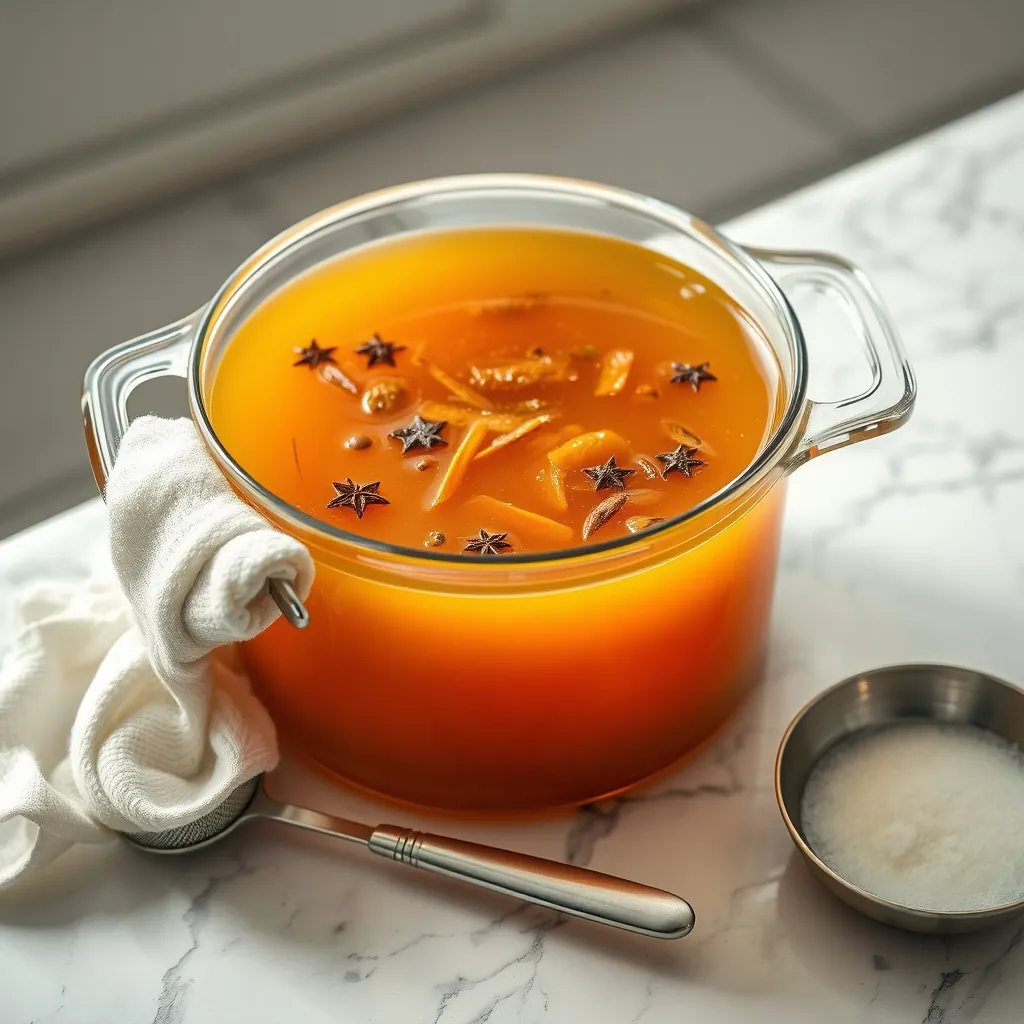 Nồi thủy tinh đựng nước dùng phở màu hổ phách trong veo, túi vải đựng gia vị và rây lọc đặt cạnh bên trên mặt bàn đá cẩm thạch Nồi thủy tinh đựng nước dùng phở màu hổ phách trong veo, túi vải đựng gia vị và rây lọc đặt cạnh bên trên mặt bàn đá cẩm thạch