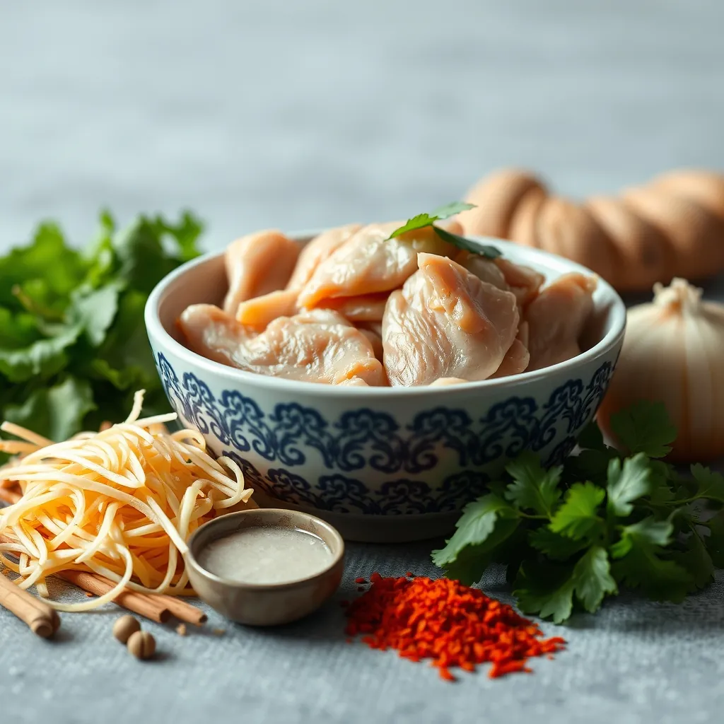 Nguyên liệu làm phở gà bao gồm gà, bánh phở, hành tây và gia vị Noodles onion spices