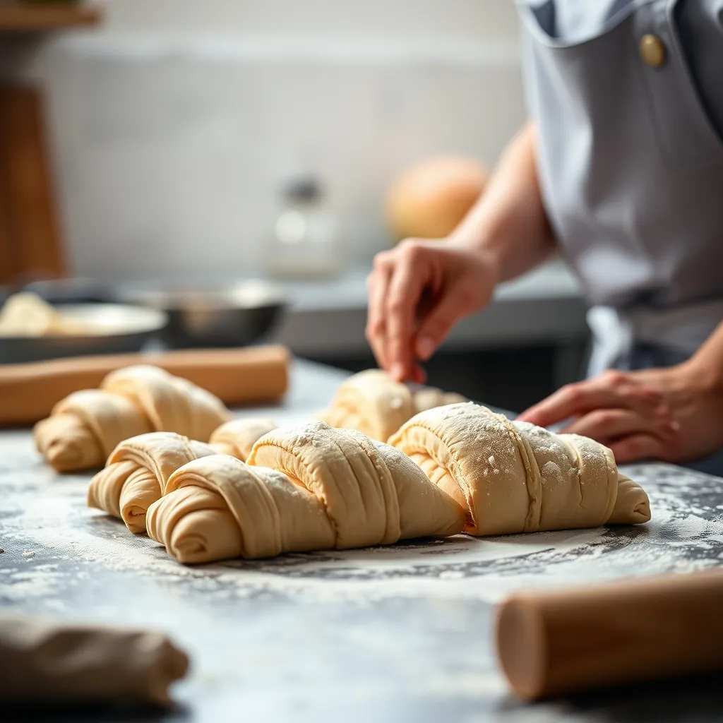 Pliage de la pâte à croissants dans une cuisine