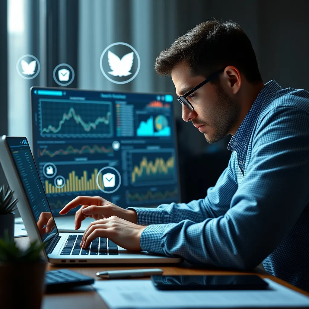 Một người phân tích dữ liệu trên laptop với các biểu tượng mạng xã hội xung quanh Person analyzing data