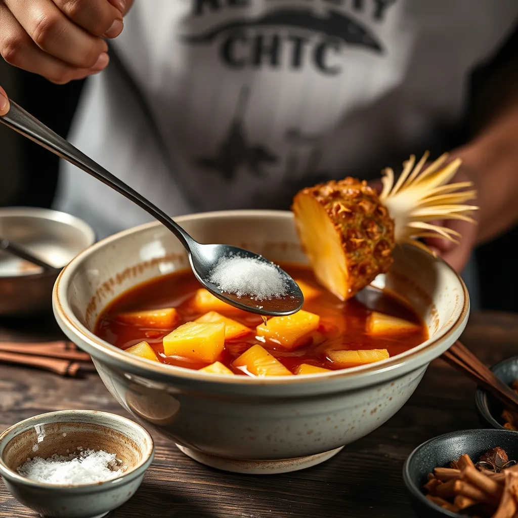 Đang khuấy mắm nêm trong tô sứ với đường và dứa để giảm mùi nồng Person stirring fermented