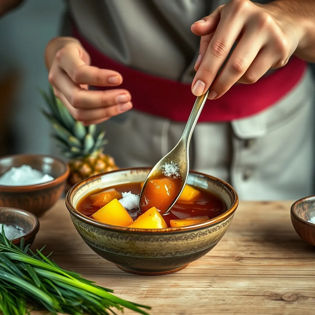 Đang khuấy mắm nêm trong tô sứ với đường và dứa để giảm mùi nồng Person stirring fermented