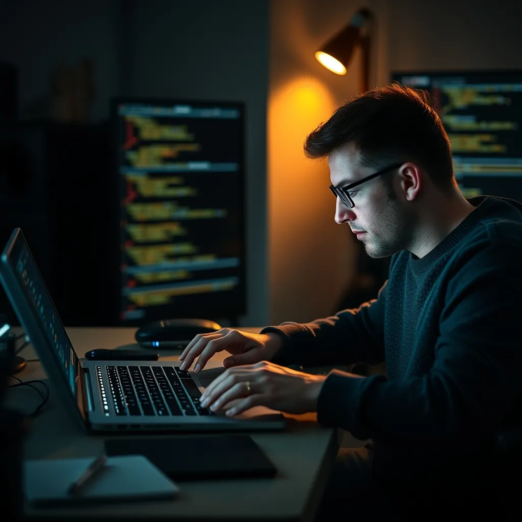 Eine Person, die erfolgreich an einem Laptop programmiert Person successfully coding