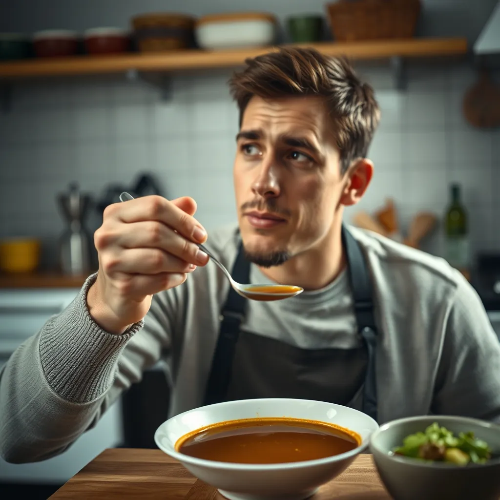 Người nếm thử nước dùng với biểu cảm suy nghĩ trong gian bếp Person tasting broth