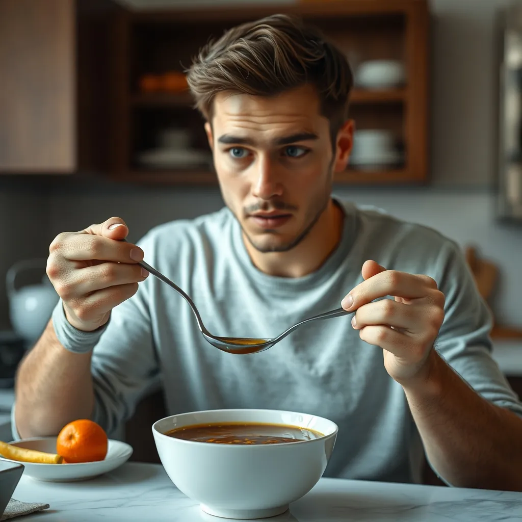 Người nếm thử nước dùng với biểu cảm suy nghĩ trong gian bếp Person tasting broth