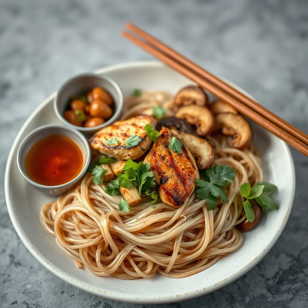 Phiên bản bún chả healthy với ức gà nướng, đậu hũ và nấm, dùng kèm bún gạo lứt và rau sống tươi