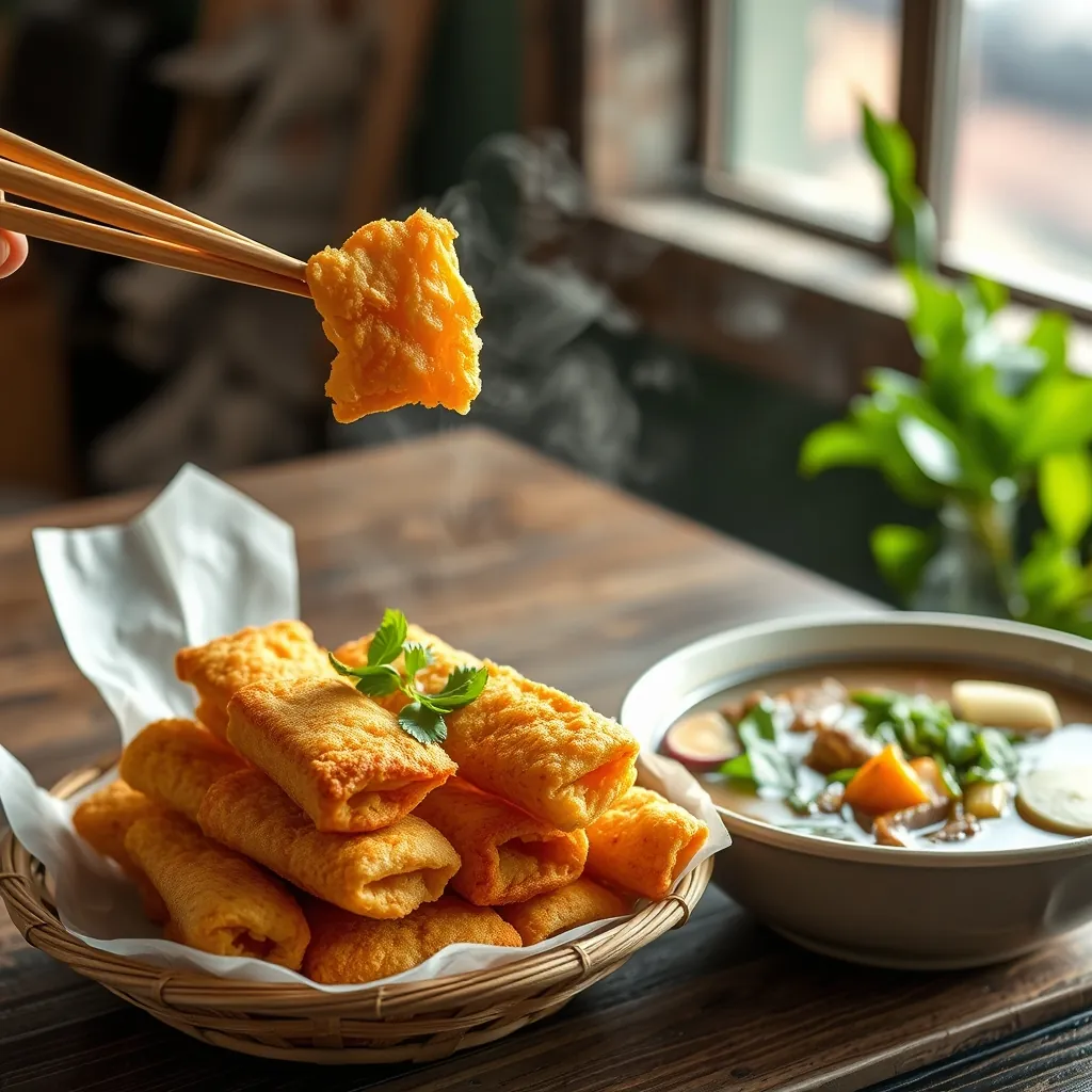 Những chiếc quẩy vàng giòn xếp trên rổ tre bên cạnh bát phở bò Việt Nam đang bốc khói, đũa gắp một miếng quẩy, bàn gỗ mộc mạc, ánh sáng tự nhiên dịu nhẹ, hơi nước bốc lên từ nước dùng, trình bày món ăn đường phố hấp dẫn Những chiếc quẩy vàng giòn xếp trên rổ tre bên cạnh bát phở bò Việt Nam đang bốc khói, đũa gắp một miếng quẩy, bàn gỗ mộc mạc, ánh sáng tự nhiên dịu nhẹ, hơi nước bốc lên từ nước dùng, trình bày món ăn đường phố hấp dẫn