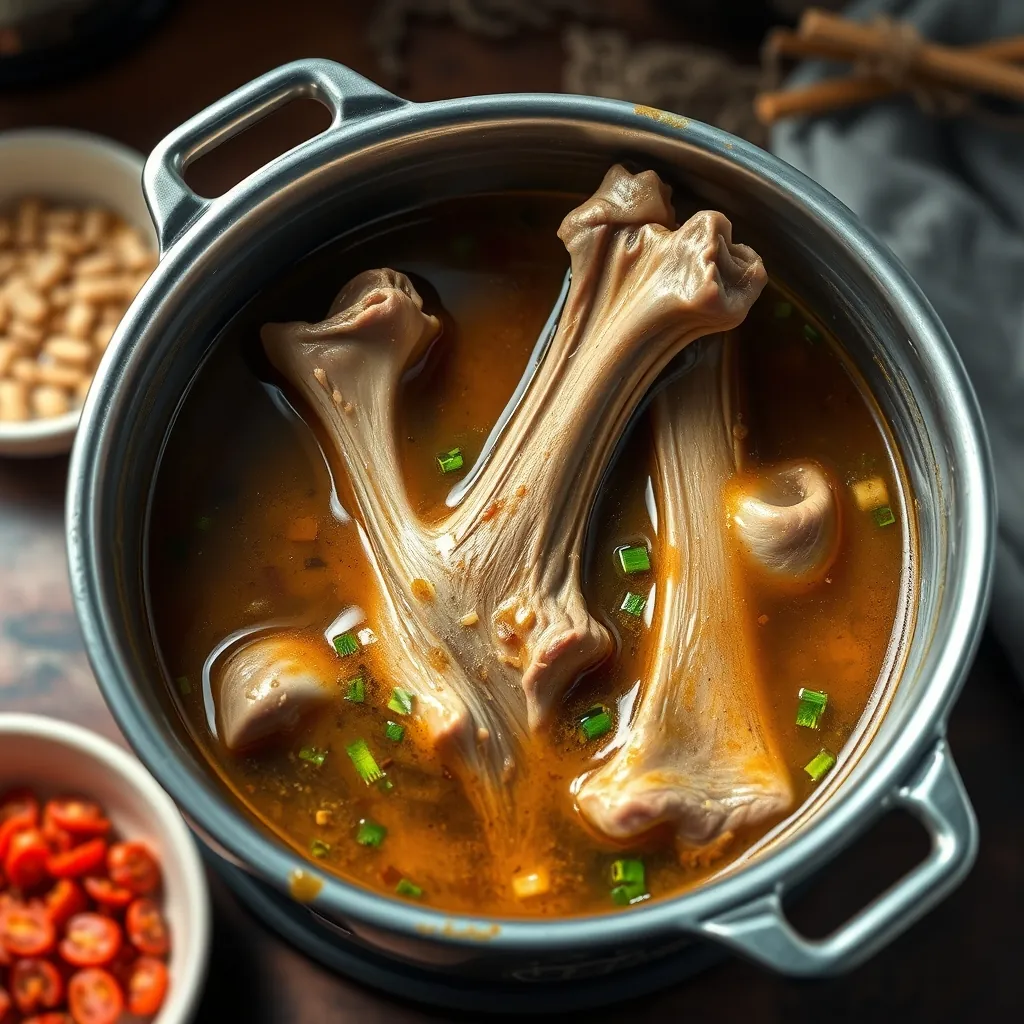 Cooking beef bone broth for hanoi beef pho, showcasing simmering bones in a pot with spices and herbs | nấu nước dùng từ xương bò cho phở bò hà nội, trình bày xương đang sôi trong nồi với gia vị và rau thơm. Pho showcasing simmering