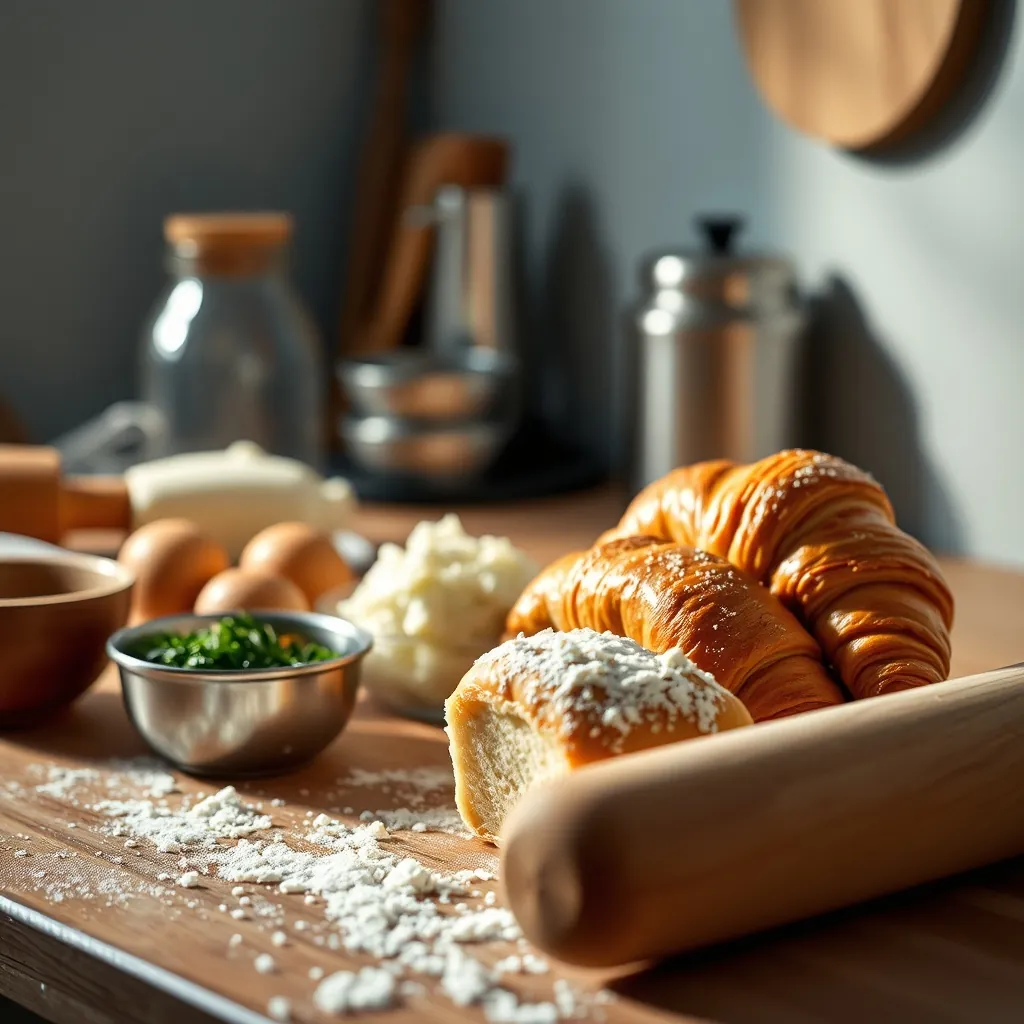 Ingrédients pour la pâte à croissant sur un plan de travail Ingrédients pour la pâte à croissant sur un plan de travail