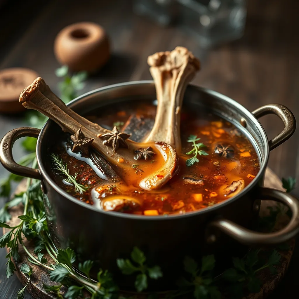 A pot of simmering broth with aromatic spices and beef bones, surrounded by fresh herbs Pot simmering broth