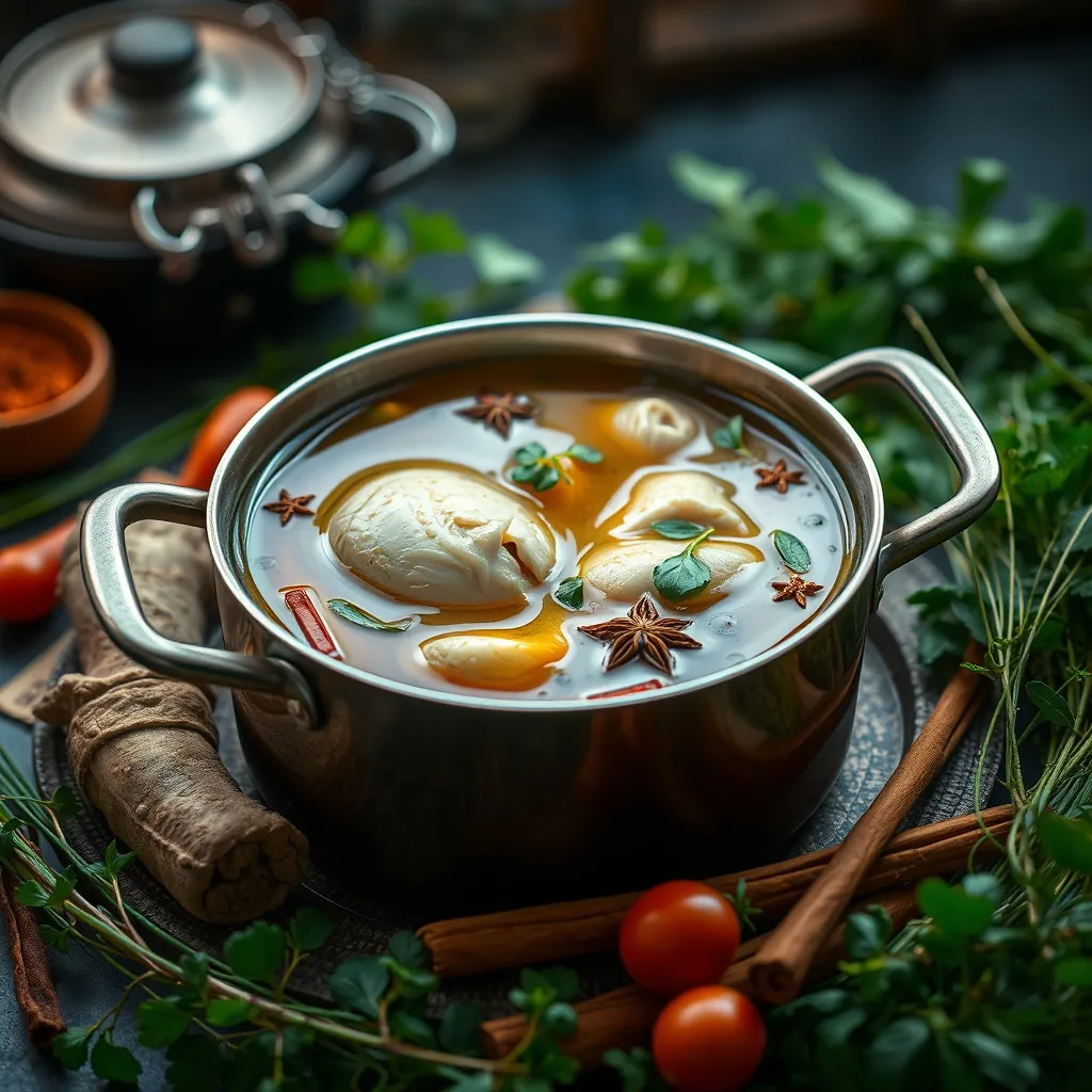Pot of simmering chicken broth with spices like ginger and cinnamon, surrounded by fresh herbs and vegetables | nồi nước dùng gà đang sôi với các gia vị như gừng và quế, xung quanh là rau thơm và rau củ tươi mát. Pot simmering chicken