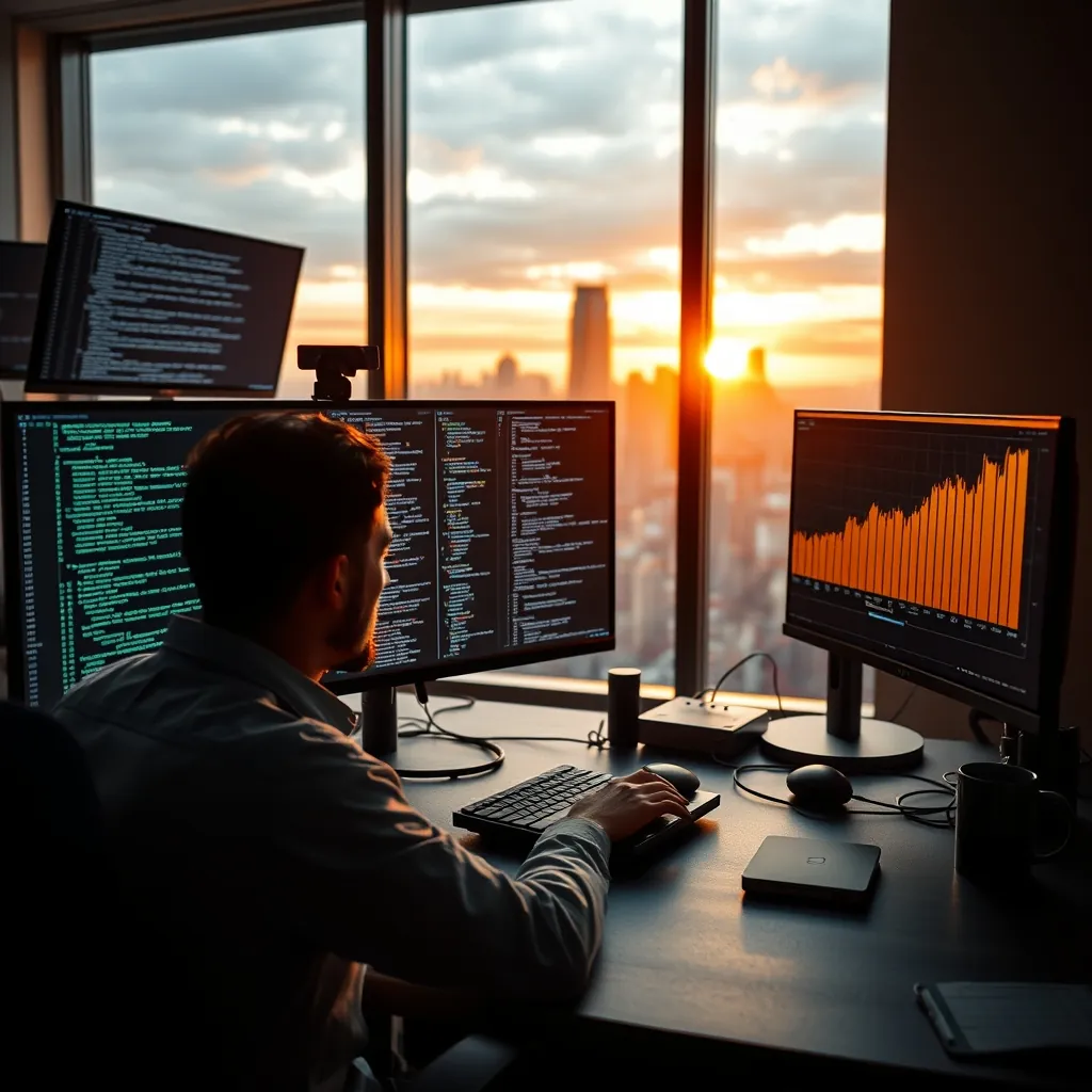 Professional software developer working on multiple monitors displaying Python code, with a city skyline visible through the office window and a growing salary chart on one screen Professional software developer