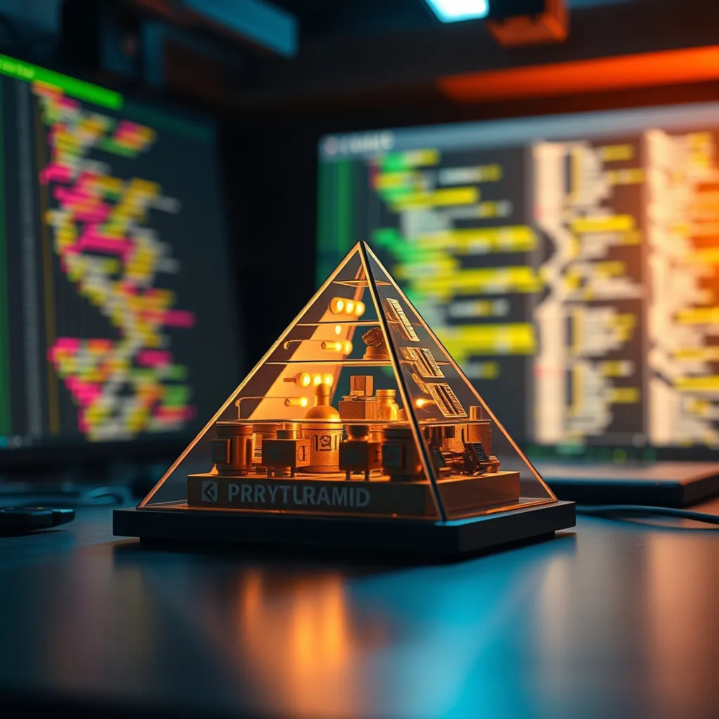 Pyramid logo with a modular architecture diagram showing interconnected components and a code editor in the background Pyramid logo modular