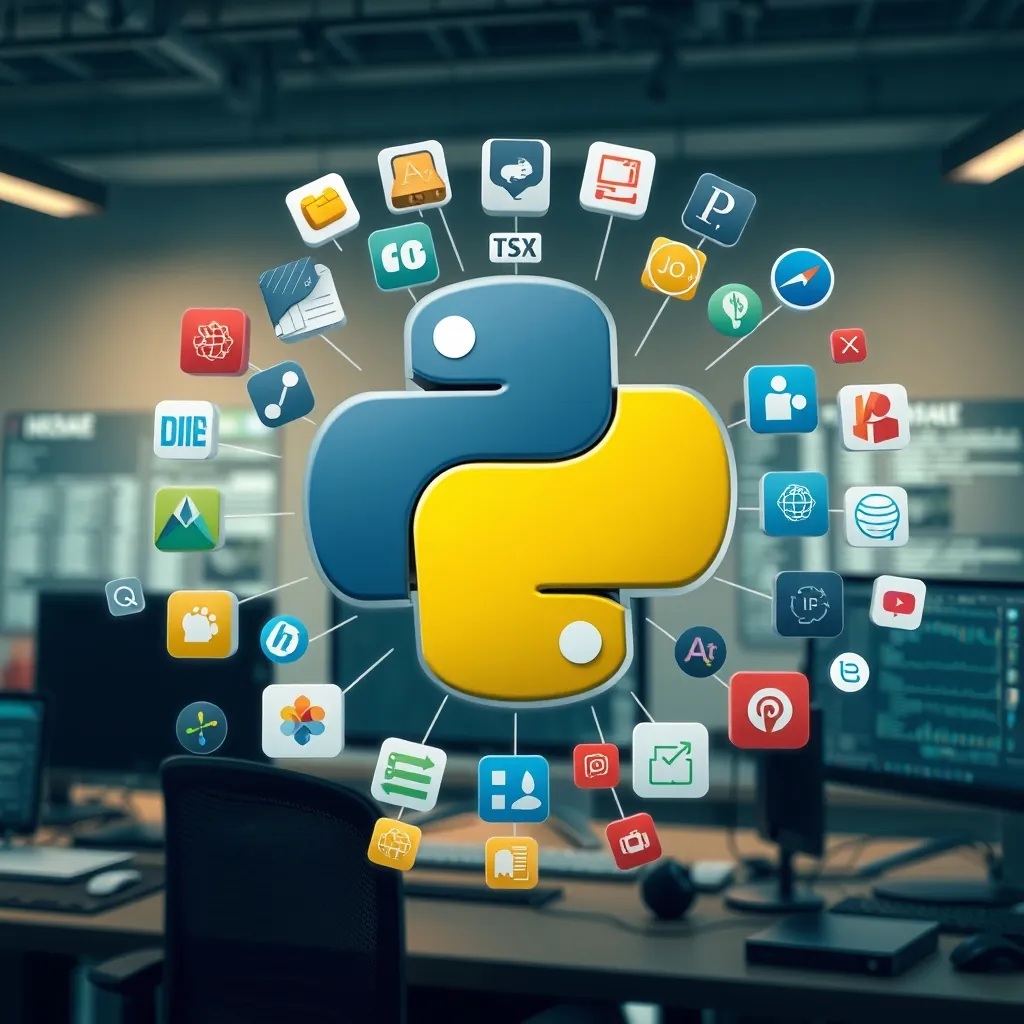 Python programming language logo surrounded by various application icons representing web development, data science, artificial intelligence, and automation, with a modern tech workspace background Python programming language