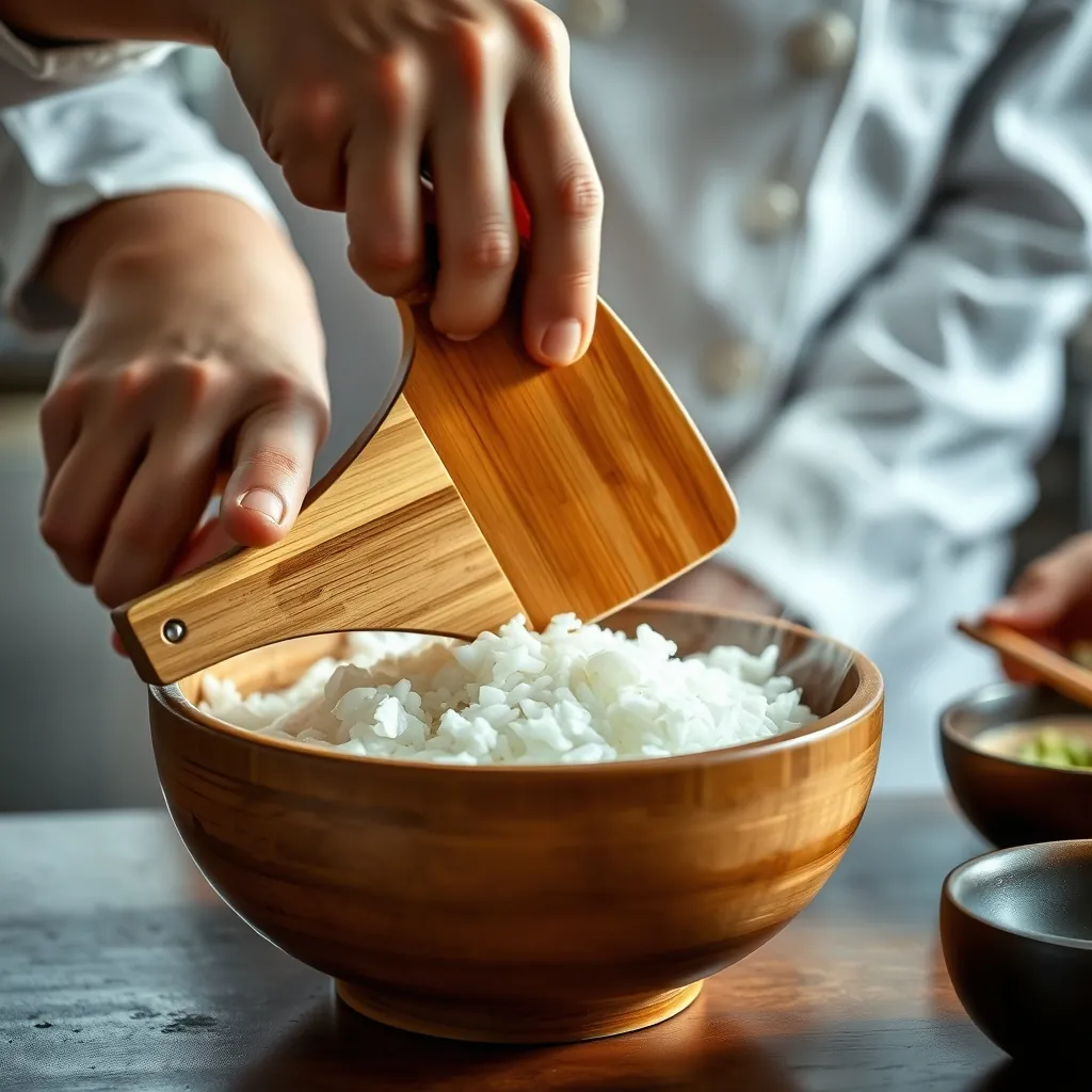 切るように混ぜながらうちわで冷ます寿司飯