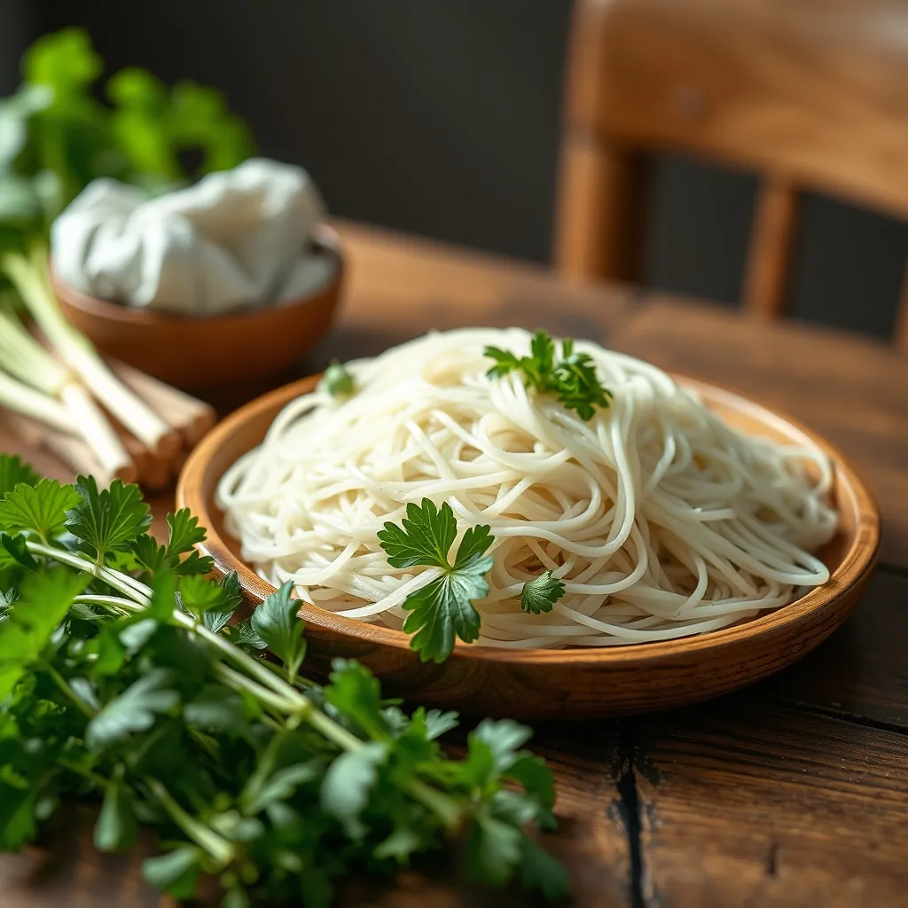 Rau sống tươi ngon và bún trên bàn gỗ