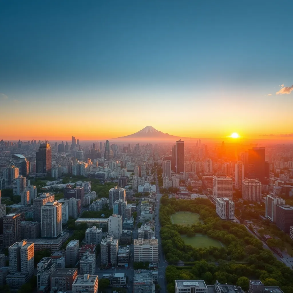 日本の都市景観の象徴、東京の夕暮れ