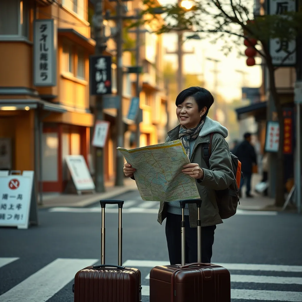 日本の街の交差点で地図を見ながら笑顔の移住者。新生活への期待感を表現