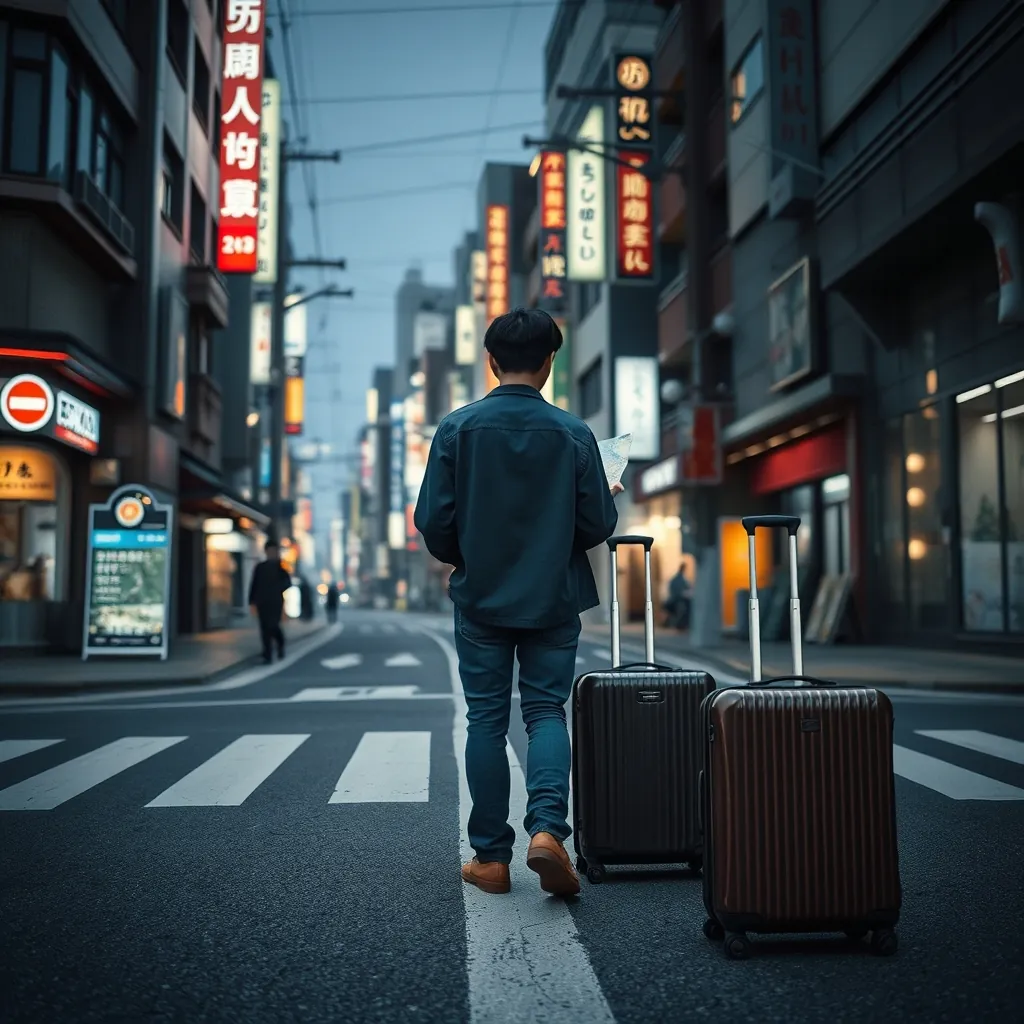 日本の街で地図を眺めながら進路を決める人