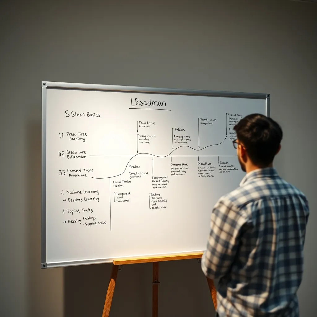 Step-by-step roadmap infographic on a whiteboard showing the learning path from Python basics to advanced topics like machine learning and cloud deployment, with a student following the path Roadmap infographic whiteboard