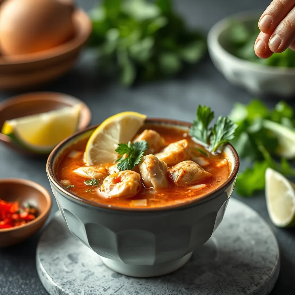 Sauce preparation for vietnamese chicken pho served in a small bowl with fresh herbs and lime wedges | nước chấm đi kèm phở gà với các loại rau thơm và lát chanh tươi Sauce preparation vietnamese