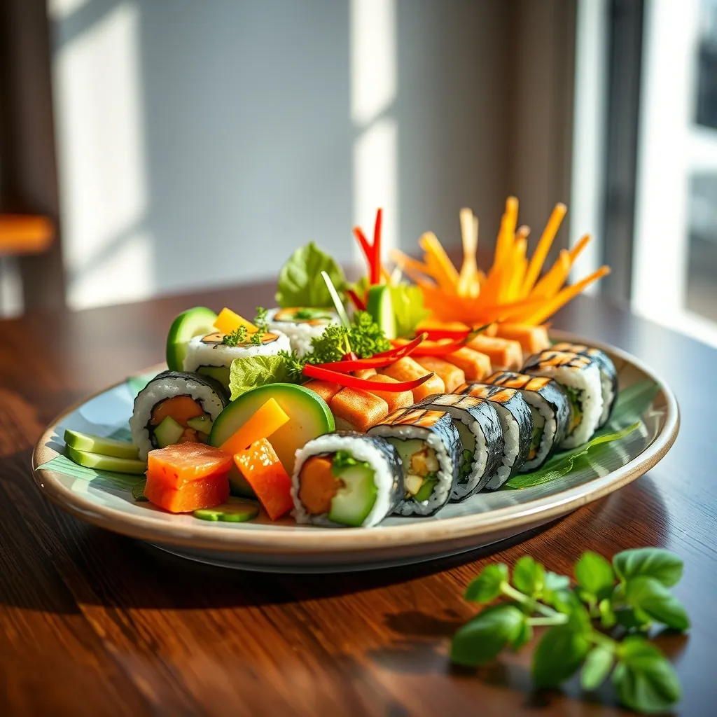 色とりどりの野菜と大豆製品を使ったベジタリアン寿司の盛り合わせ。アボカドや厚揚げ、彩り野菜が華やかに並ぶ