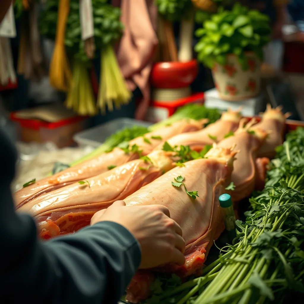Chi tiết chọn thịt ba chỉ và rau sống tươi ngon tại chợ truyền thống Selecting fresh pork