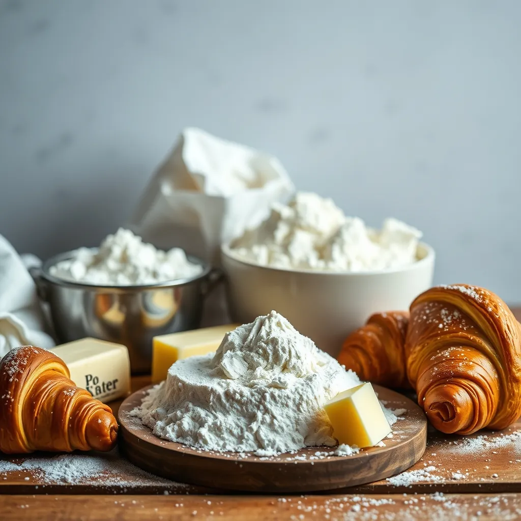 Une sélection d'ingrédients pour réaliser des croissants, y compris de la farine, du beurre et de la levure
