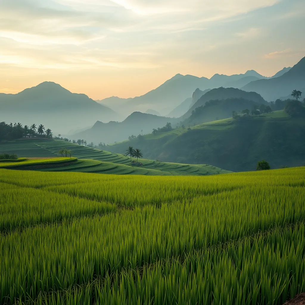 Một cảnh quan yên bình của Việt Nam với cánh đồng lúa và núi non Serene landscape vietnam