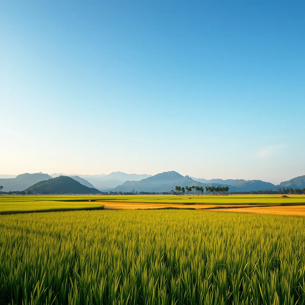 Cảnh quan yên bình của Việt Nam với cánh đồng lúa và núi non Serene vietnamese landscape